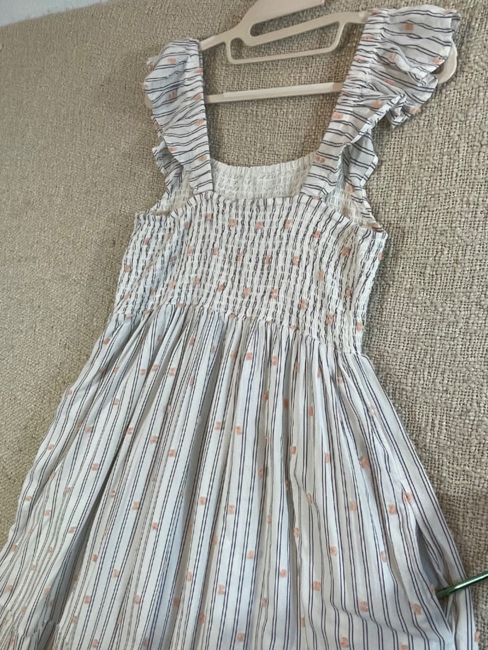 LOFT Striped Peach Clip Dot Smocked Tiered Midi Dress with Pockets Size S - Picture 13 of 15